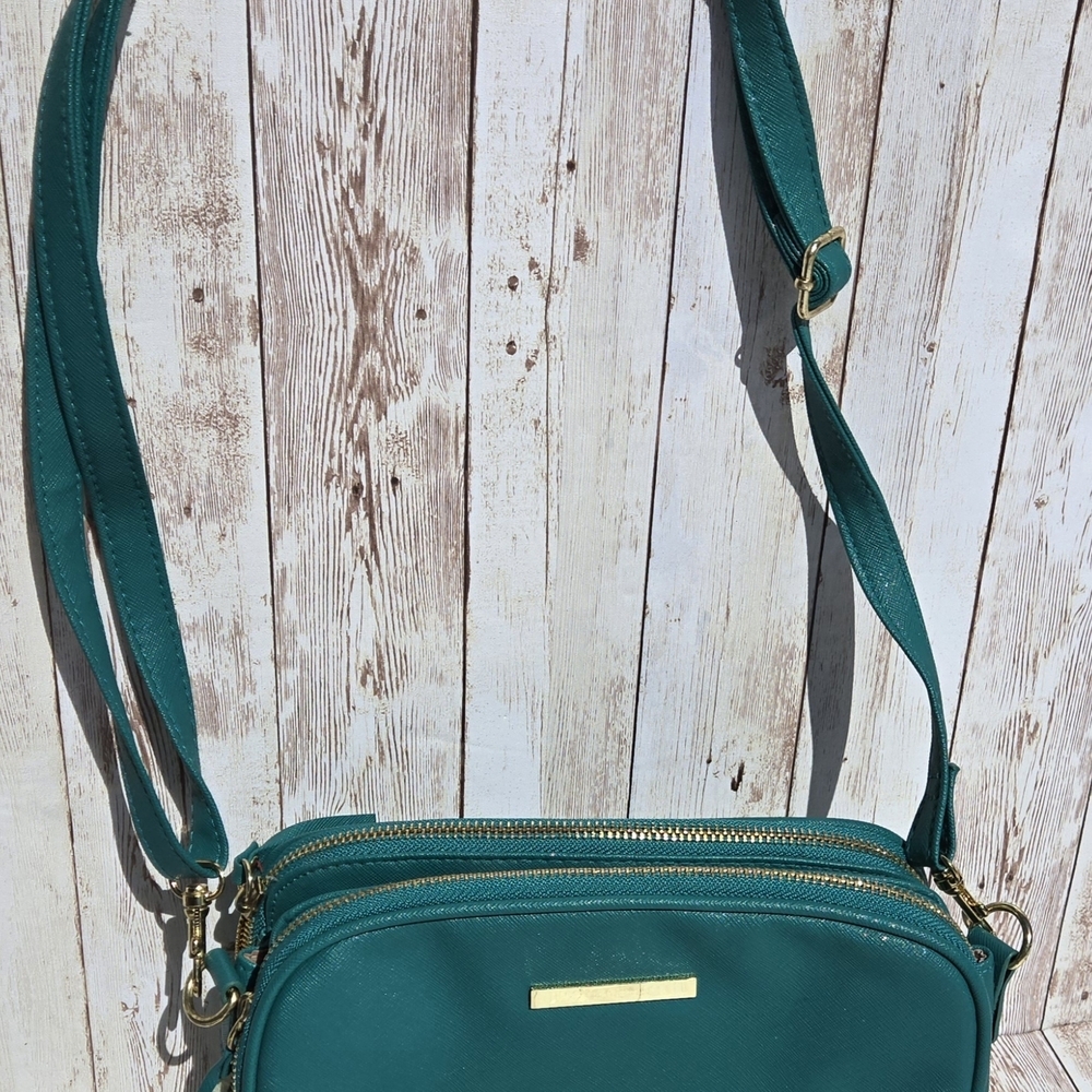 Green Crossbody Purse Teal Faux Leather Gold Hardware Double Zip Small Bag - Picture 16 of 16